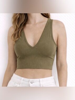 Like New Athleta Aurora Seamless Crop Rib Tank Acacia Olive Green Sports Bra